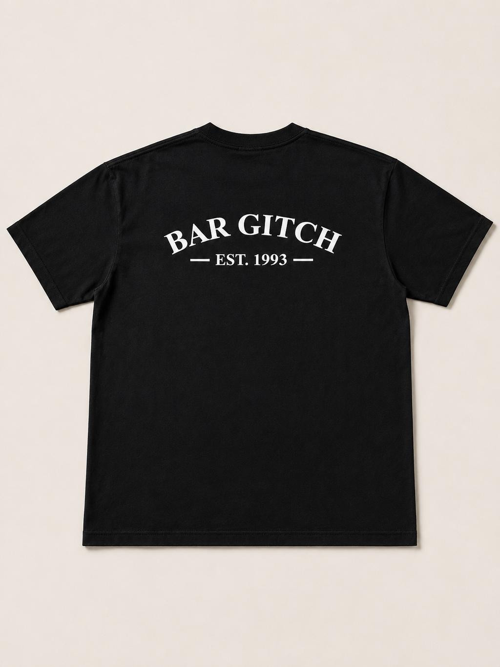 A black short-sleeve t-shirt shown from the back, featuring the text 'BAR GITCH' and 'EST. 1993' printed in white across the upper back.