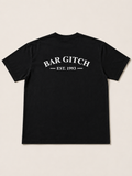 A black short-sleeve t-shirt shown from the back, featuring the text 'BAR GITCH' and 'EST. 1993' printed in white across the upper back.