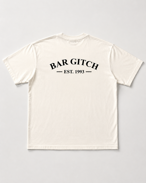 An off-white short-sleeve t-shirt with 'BAR GITCH EST. 1993' printed in black arched text on the chest, displayed flat against a light gray background.